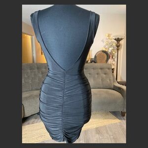 Black Ruched Bodycon Mini Dress  Low Back– Size Small